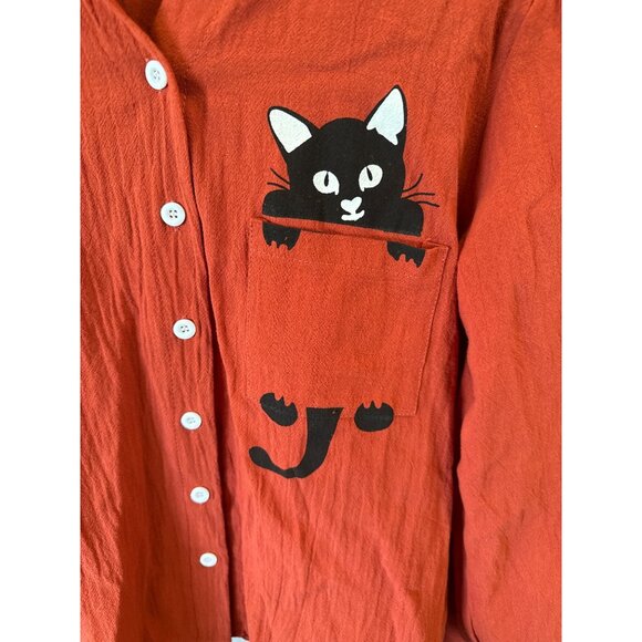 Red Cat Print Button Up Shirt Plus Size XXL Women's Casual Lightweight Blouse - Picture 6 of 10